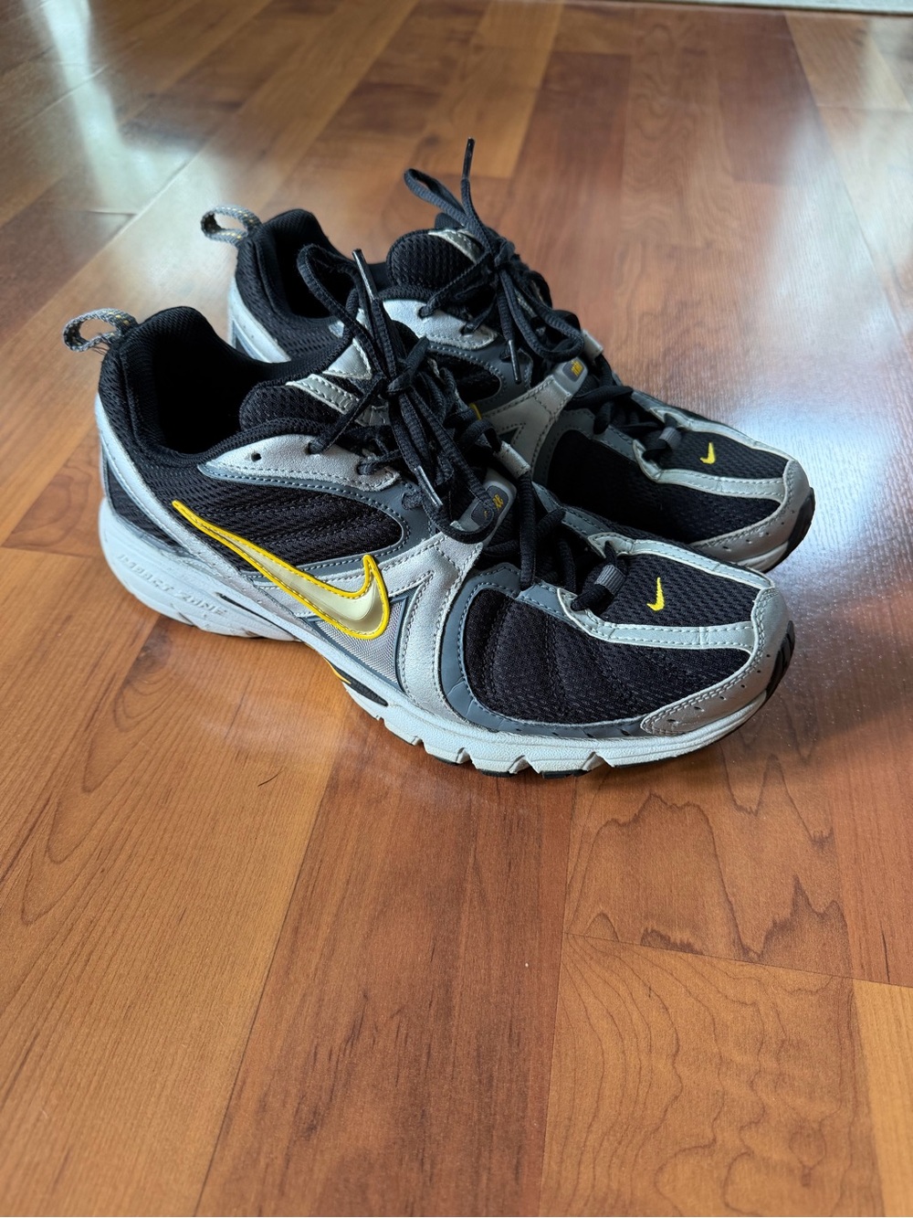 Nike Men's Black and Gray Running Shoes with Yellow Swoosh